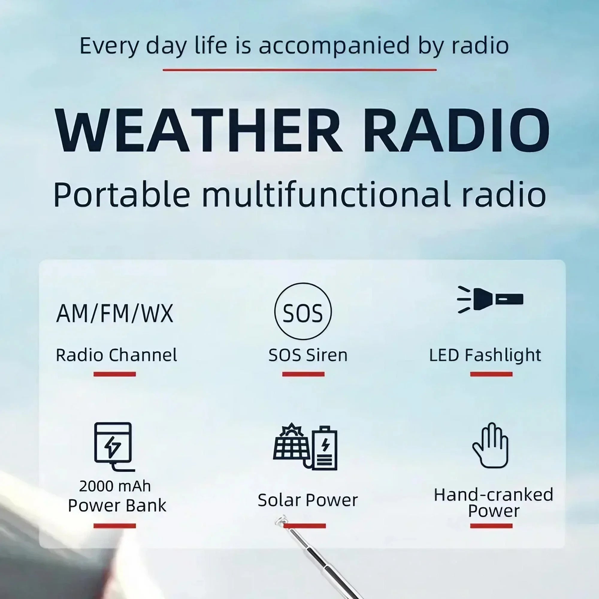Multifunctional Portable Radio Hand Crank Solar Power FM AM WB NOAA Weather Radio Emergency LED Flashlight Flashlight Power Bank